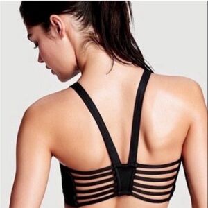 VSX Sport Black Strappy Sports Bra Athletic Top Sexy Open Back Size Large Plunge